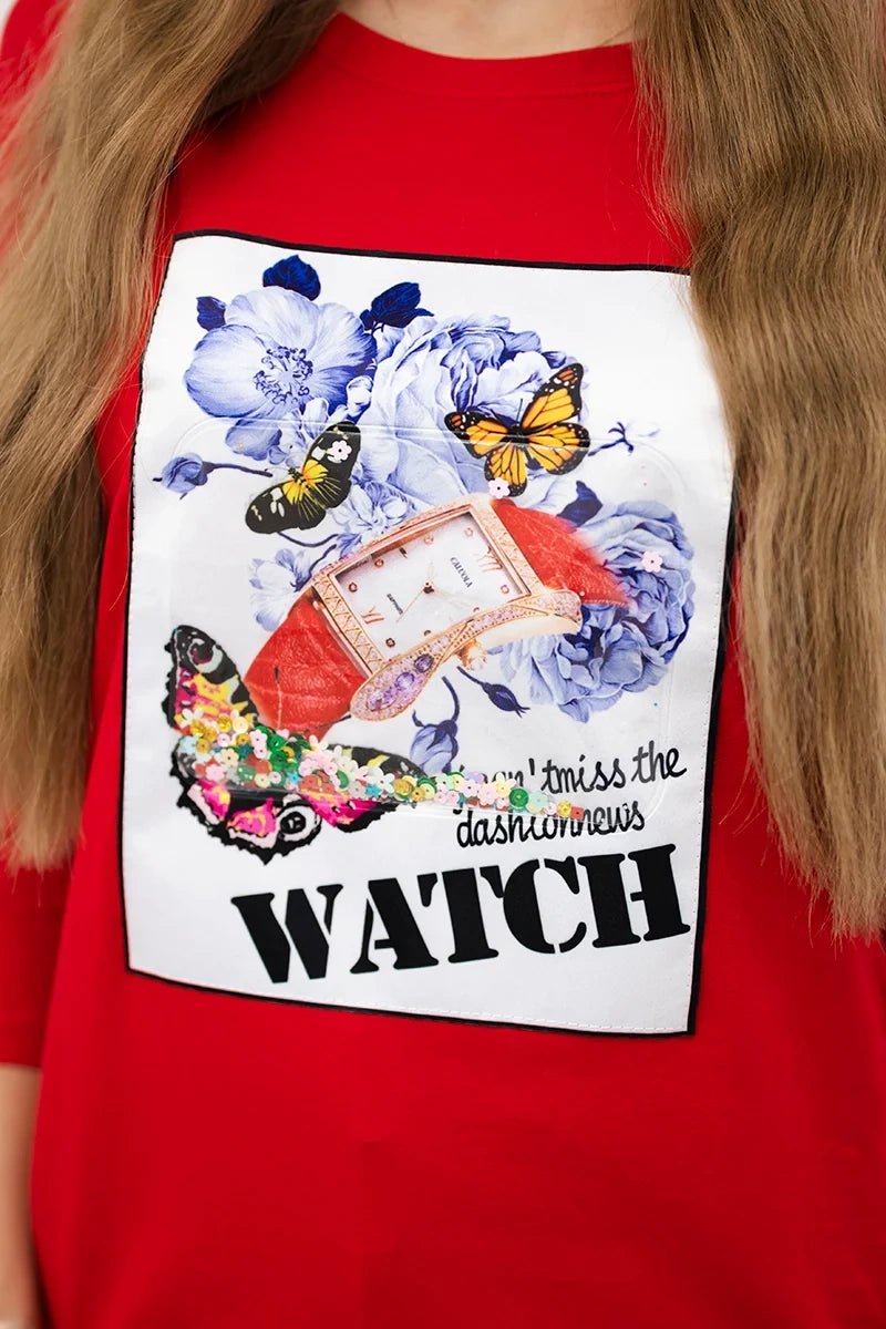 Long sleeve T-Shirt with a print 66795 / – Red цвет / color | Lexline Fashion