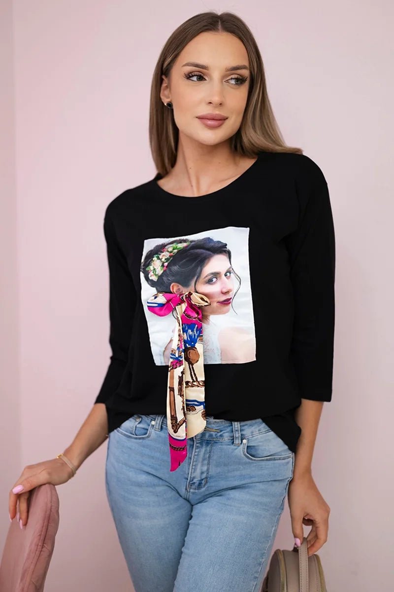 Long sleeve T-Shirt with a print 66796 / – Black цвет / color | Lexline Fashion