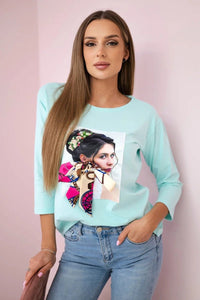 Long sleeve T-Shirt with a print 66796 / – Mint цвет / color | Lexline Fashion