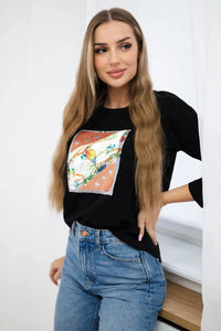 Long sleeve T-Shirt with a print 66798 / – Black цвет / color | Lexline Fashion