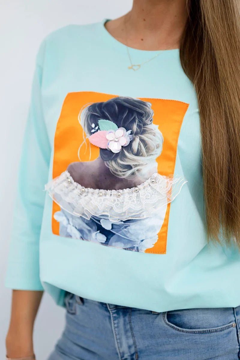 Long sleeve T-Shirt with a print 66799 / – Mint цвет / color | Lexline Fashion
