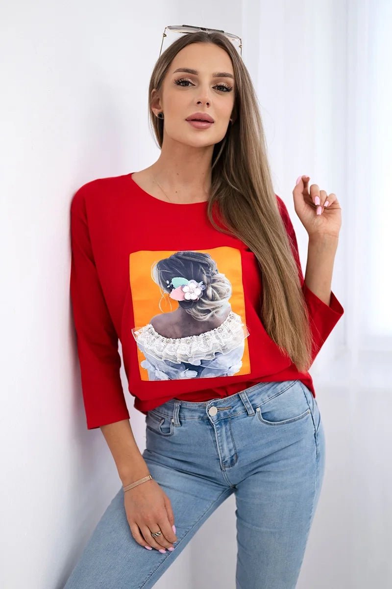 Long sleeve T-Shirt with a print 66799 / – Red цвет / color | Lexline Fashion