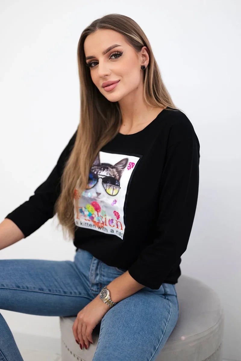 Long sleeve T-Shirt with a print 66805 / – Black цвет / color | Lexline Fashion