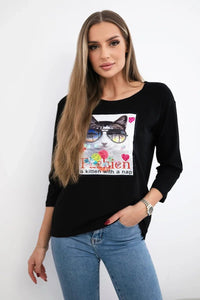 Long sleeve T-Shirt with a print 66805 / – Black цвет / color | Lexline Fashion