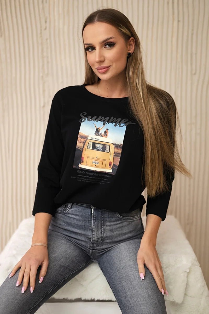 Long sleeve T-Shirt with a print 66849 / – Black цвет / color | Lexline Fashion