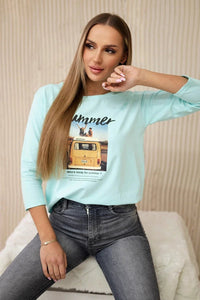 Long sleeve T-Shirt with a print 66849 / – Mint цвет / color | Lexline Fashion