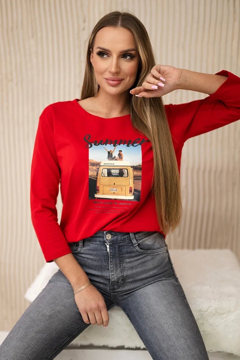 Long sleeve T-Shirt with a print 66849 / – Red цвет / color | Lexline Fashion