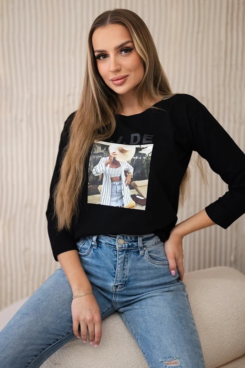 Long sleeve T-Shirt with a print 66854 / – Black цвет / color | Lexline Fashion