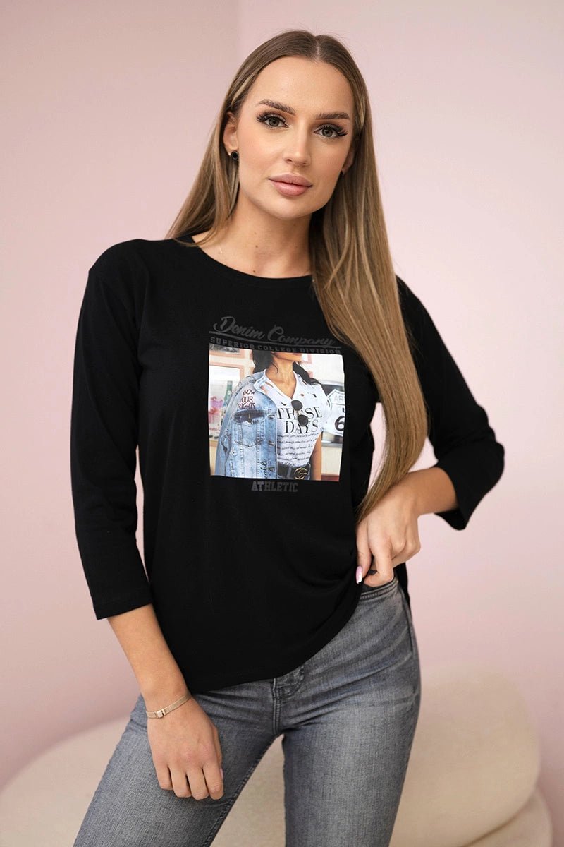 Long sleeve T-Shirt with a print 66855 / – Black цвет / color | Lexline Fashion
