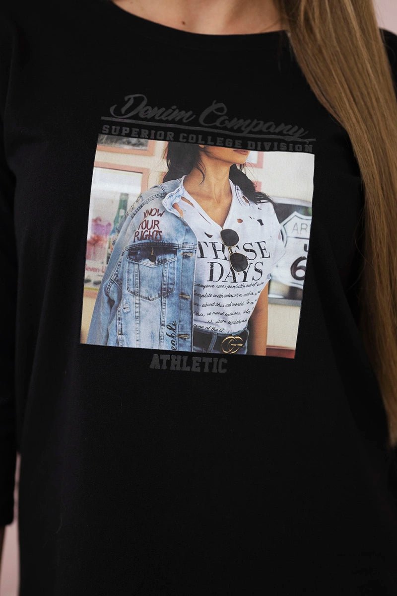 Long sleeve T-Shirt with a print 66855 / – Black цвет / color | Lexline Fashion