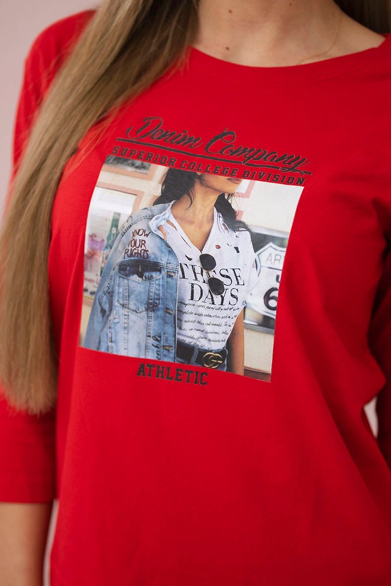 Long sleeve T-Shirt with a print 66855 / – Red цвет / color | Lexline Fashion