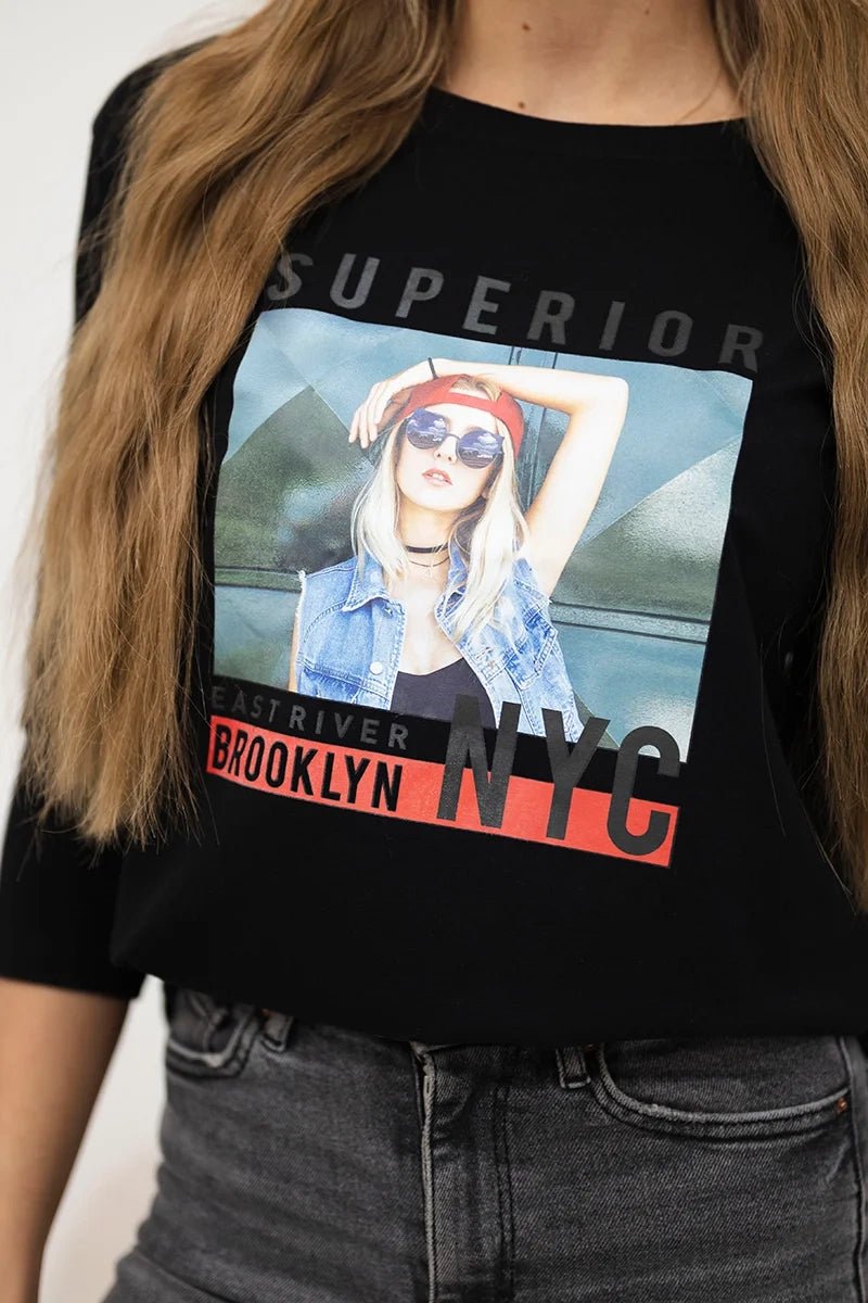 Long sleeve T-Shirt with a print 66861 / – Black цвет / color | Lexline Fashion
