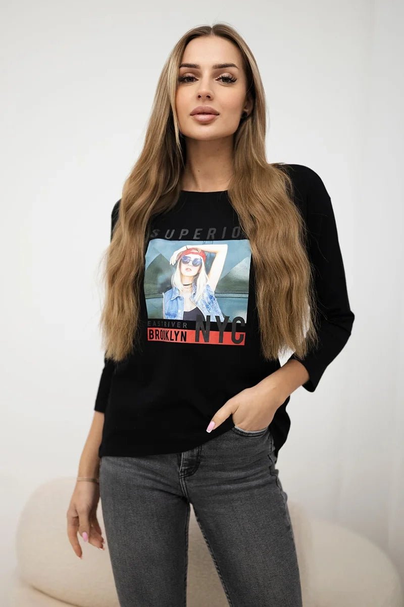 Long sleeve T-Shirt with a print 66861 / – Black цвет / color | Lexline Fashion