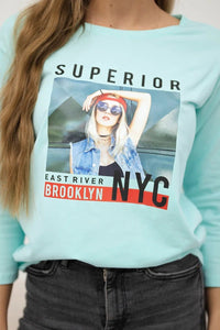 Long sleeve T-Shirt with a print 66861 / – Mint цвет / color | Lexline Fashion