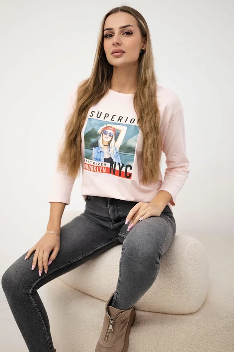 Long sleeve T-Shirt with a print 66861 / – Powder цвет / color | Lexline Fashion