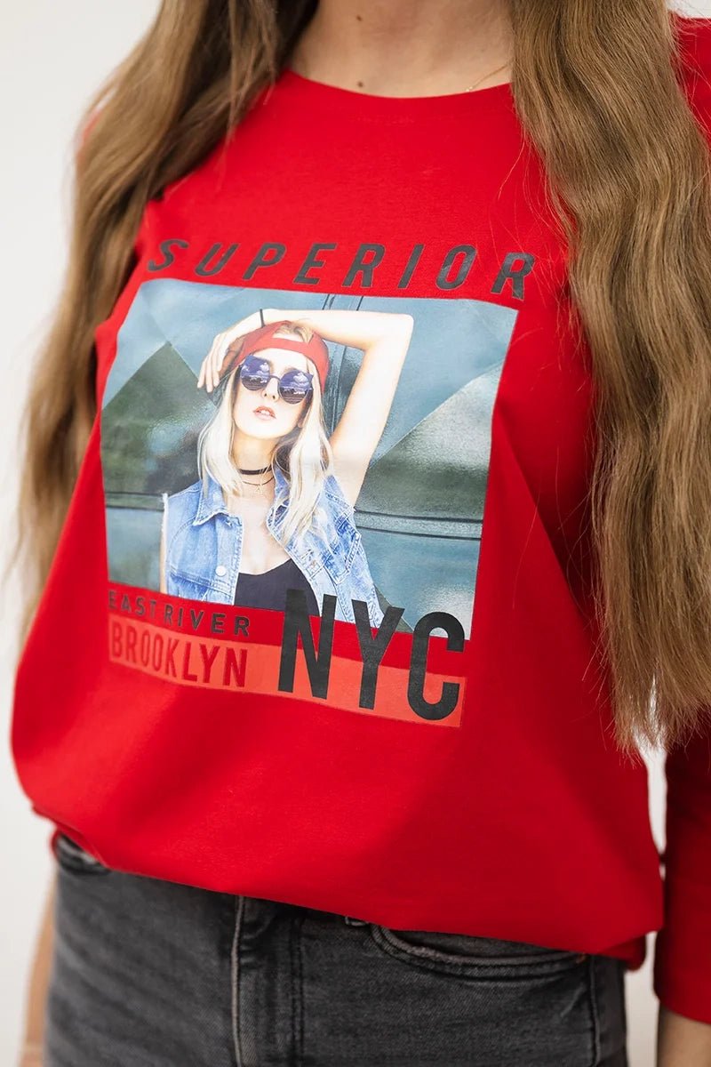 Long sleeve T-Shirt with a print 66861 / – Red цвет / color | Lexline Fashion