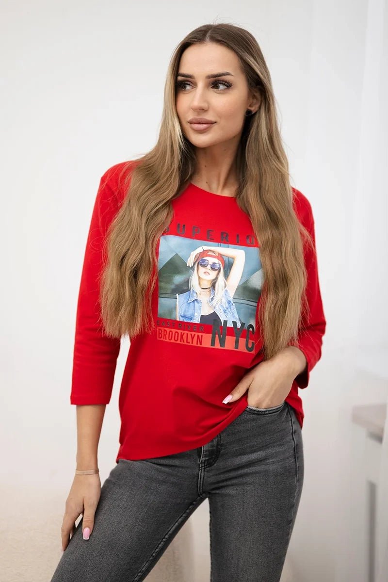 Long sleeve T-Shirt with a print 66861 / – Red цвет / color | Lexline Fashion