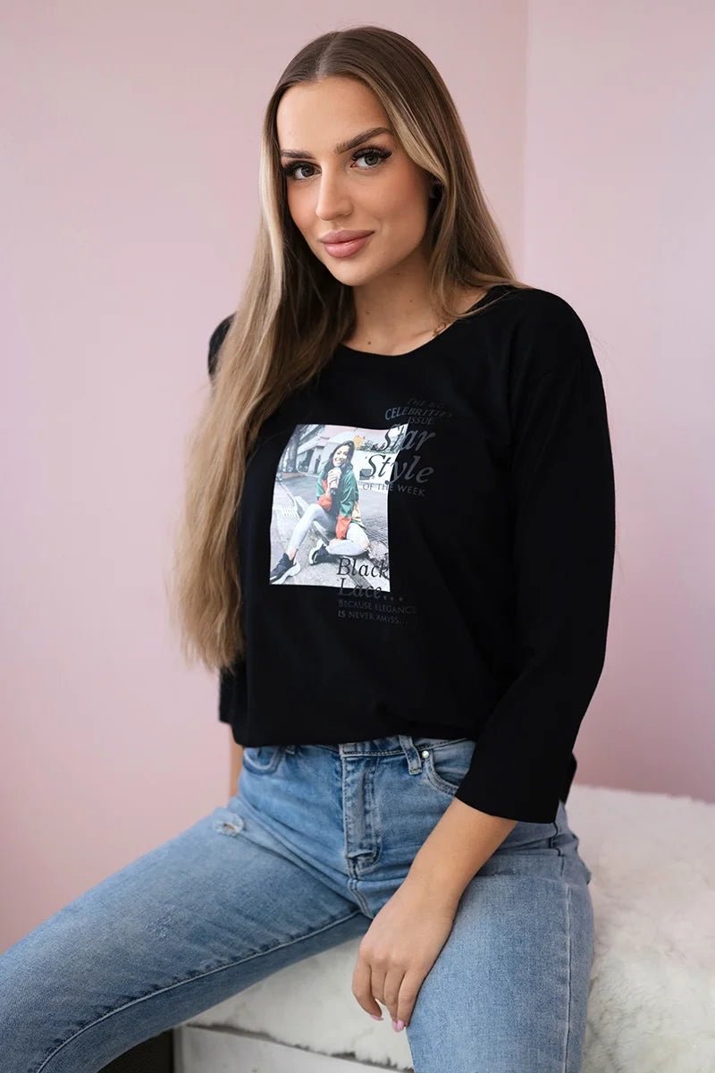 Long sleeve T-Shirt with a print66850 / – Black цвет / color | Lexline Fashion