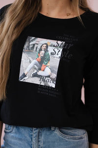 Long sleeve T-Shirt with a print66850 / – Black цвет / color | Lexline Fashion