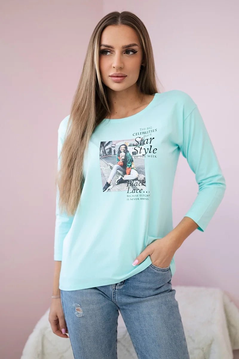 Long sleeve T-Shirt with a print66850 / – Mint цвет / color | Lexline Fashion