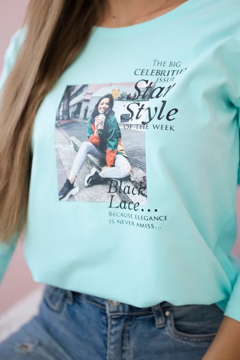 Long sleeve T-Shirt with a print66850 / – Mint цвет / color | Lexline Fashion