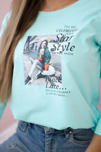 Long sleeve T-Shirt with a print66850 / – Mint цвет / color | Lexline Fashion