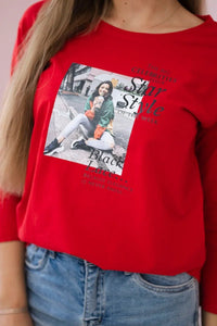 Long sleeve T-Shirt with a print66850 / – Red цвет / color | Lexline Fashion