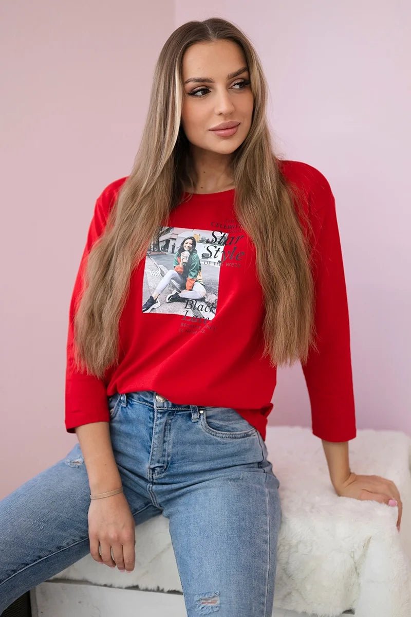 Long sleeve T-Shirt with a print66850 / – Red цвет / color | Lexline Fashion