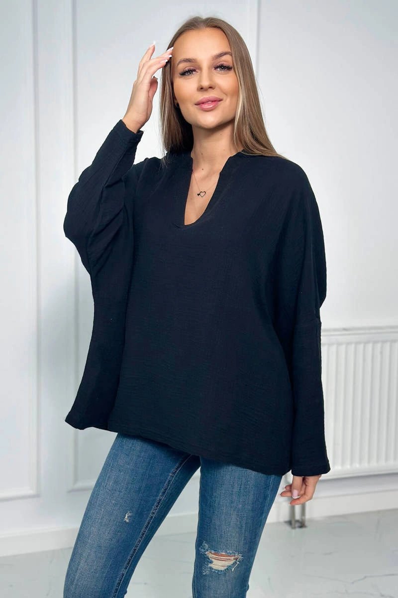 Muslin blouse with rolled - up sleeves 9448 / – Black цвет / color | Lexline Fashion