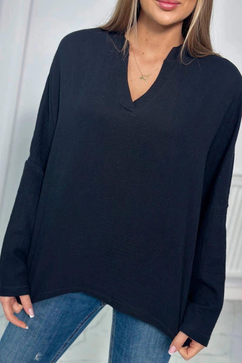 Muslin blouse with rolled - up sleeves 9448 / – Black цвет / color | Lexline Fashion