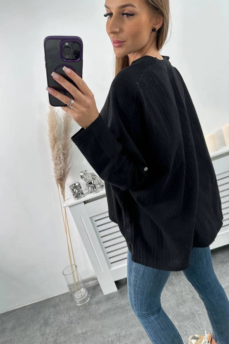 Muslin blouse with rolled - up sleeves 9448 / – Black цвет / color | Lexline Fashion