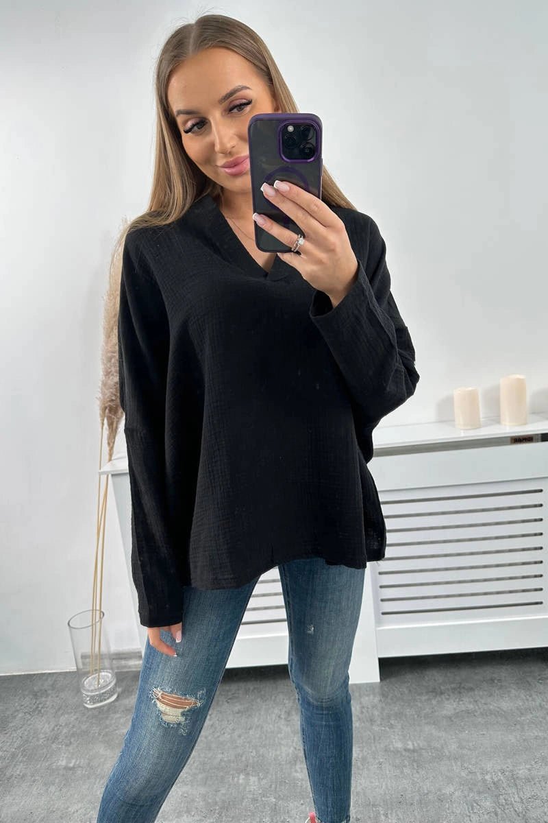 Muslin blouse with rolled - up sleeves 9448 / – Black цвет / color | Lexline Fashion