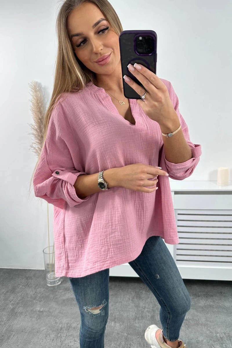 Muslin blouse with rolled - up sleeves 9448 / – Dark || pink цвет / color | Lexline Fashion