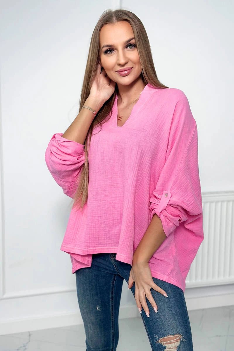 Muslin blouse with rolled - up sleeves 9448 / – Dark || pink цвет / color | Lexline Fashion