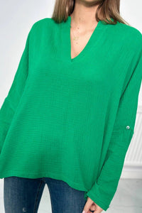 Muslin blouse with rolled - up sleeves 9448 / – Green цвет / color | Lexline Fashion