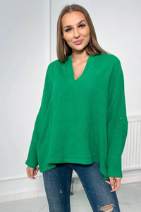 Muslin blouse with rolled - up sleeves 9448 / – Green цвет / color | Lexline Fashion