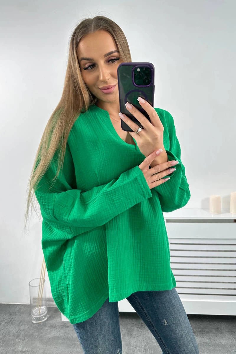 Muslin blouse with rolled - up sleeves 9448 / – Green цвет / color | Lexline Fashion