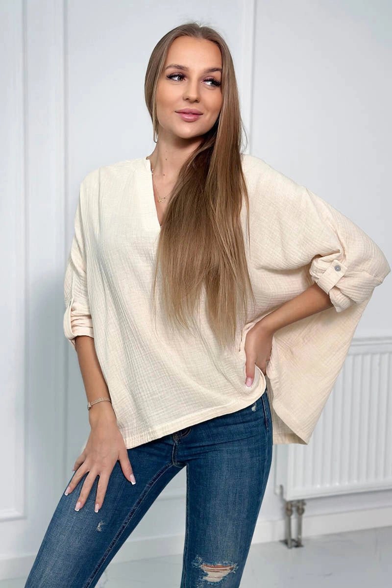 Muslin blouse with rolled - up sleeves 9448 / – Light || Beige цвет / color | Lexline Fashion
