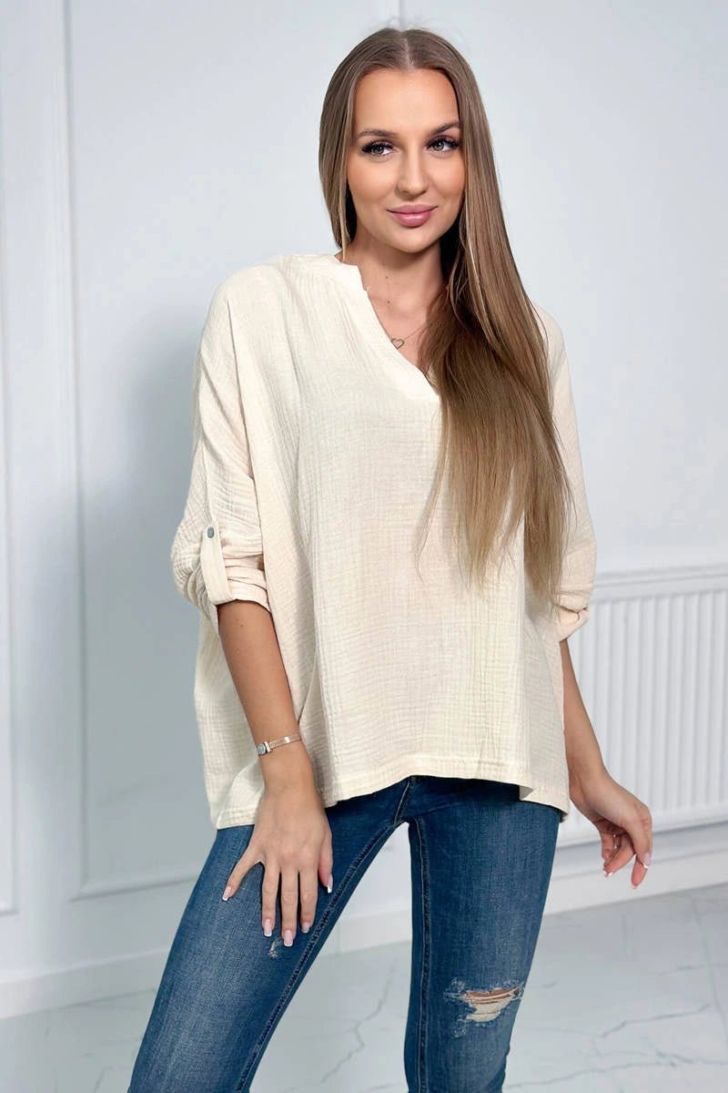 Muslin blouse with rolled - up sleeves 9448 / – Light || Beige цвет / color | Lexline Fashion