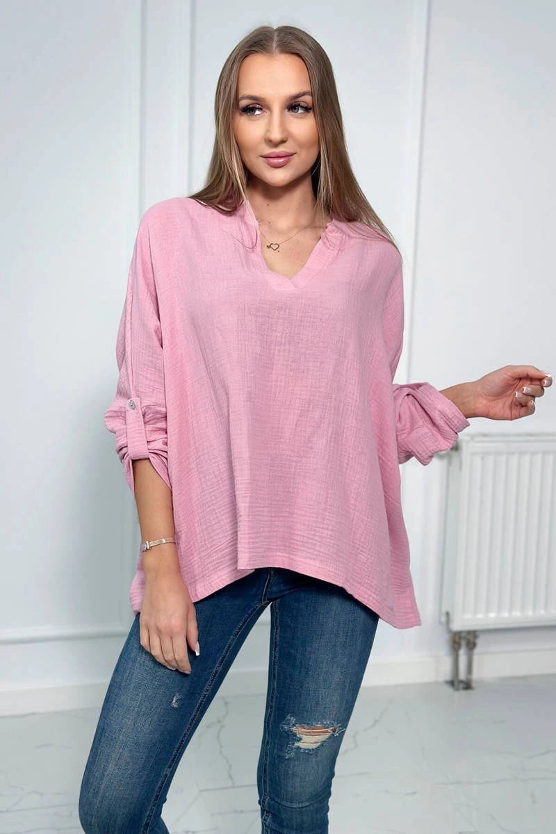 Muslin blouse with rolled - up sleeves 9448 / – Light || Pink цвет / color | Lexline Fashion