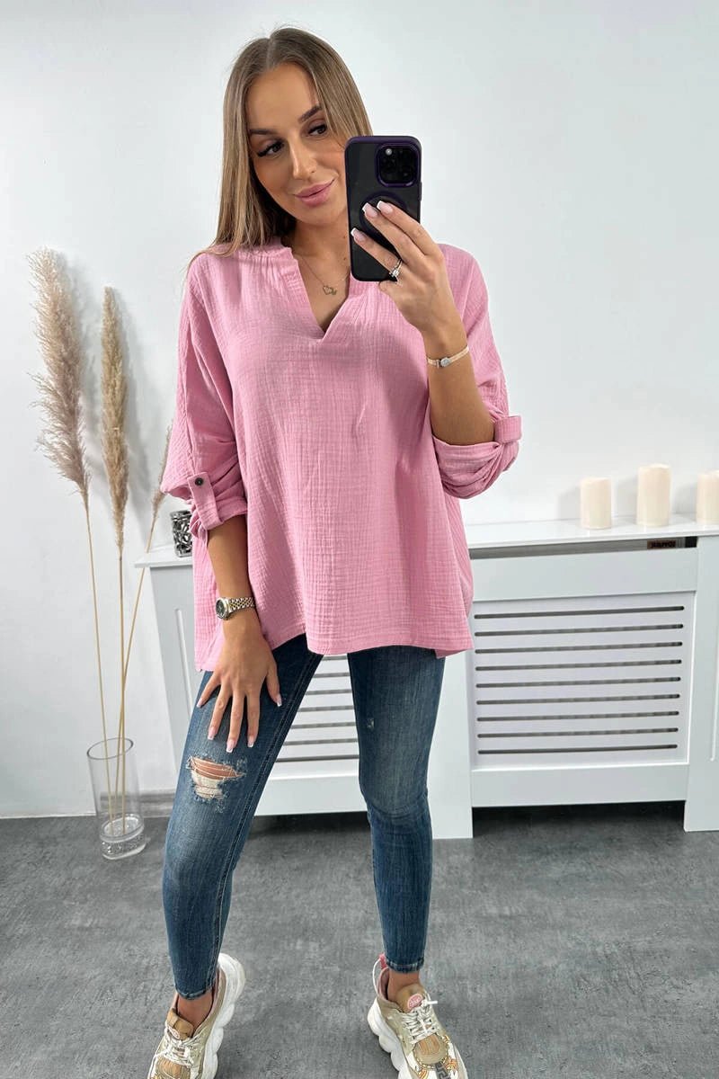 Muslin blouse with rolled - up sleeves 9448 / – Light || Pink цвет / color | Lexline Fashion
