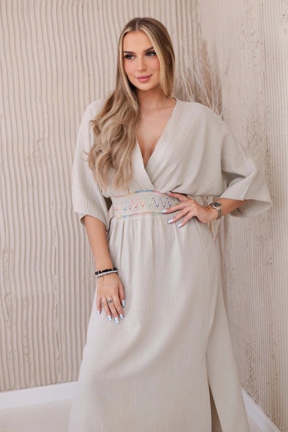 Muslin dress with embroidery at the waist ART88529 / – Beige цвет / color | Lexline Fashion