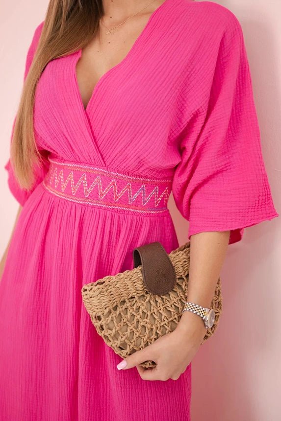 Muslin dress with embroidery at the waist ART88529 / – Fuchsia цвет / color | Lexline Fashion