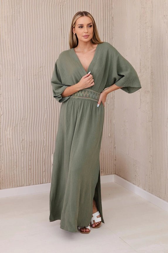 Muslin dress with embroidery at the waist ART88529 / – Khaki цвет / color | Lexline Fashion