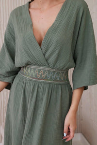 Muslin dress with embroidery at the waist ART88529 / – Khaki цвет / color | Lexline Fashion