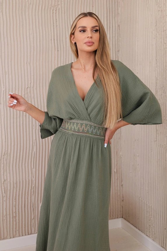 Muslin dress with embroidery at the waist ART88529 / – Khaki цвет / color | Lexline Fashion