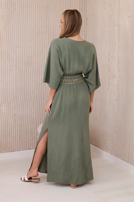 Muslin dress with embroidery at the waist ART88529 / – Khaki цвет / color | Lexline Fashion