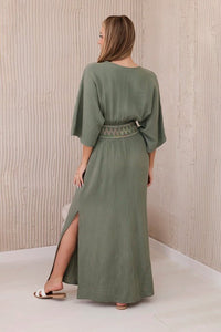 Muslin dress with embroidery at the waist ART88529 / – Khaki цвет / color | Lexline Fashion