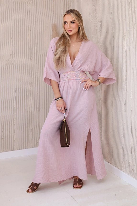 Muslin dress with embroidery at the waist ART88529 / – Pink || Dark цвет / color | Lexline Fashion