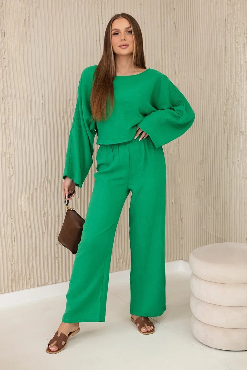 Muslin set blouse + pants 9804 / – Green цвет / color | Lexline Fashion